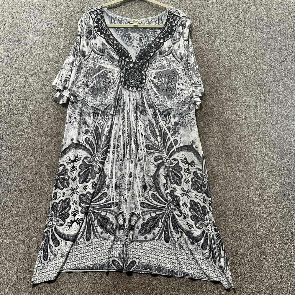 World Unity Dress/Tunic 3X Gray Sublimation Beaded Boho Hippy Cold Shoulder